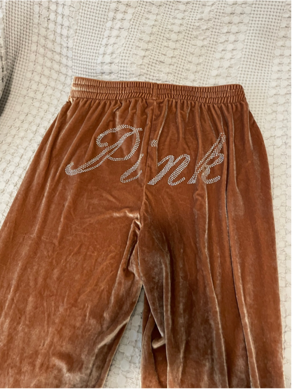 Women's Victoria's Secret PINK Velour Track Pants Size L gold Brown Rhinestone